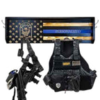 Breacher Rustics thin blue line flag gear rack with police emblem, personalized text, duty belt, and vest. police duty gear wall organizer rack wooden storage for vest belt and equipment heavy duty wall mounted rack