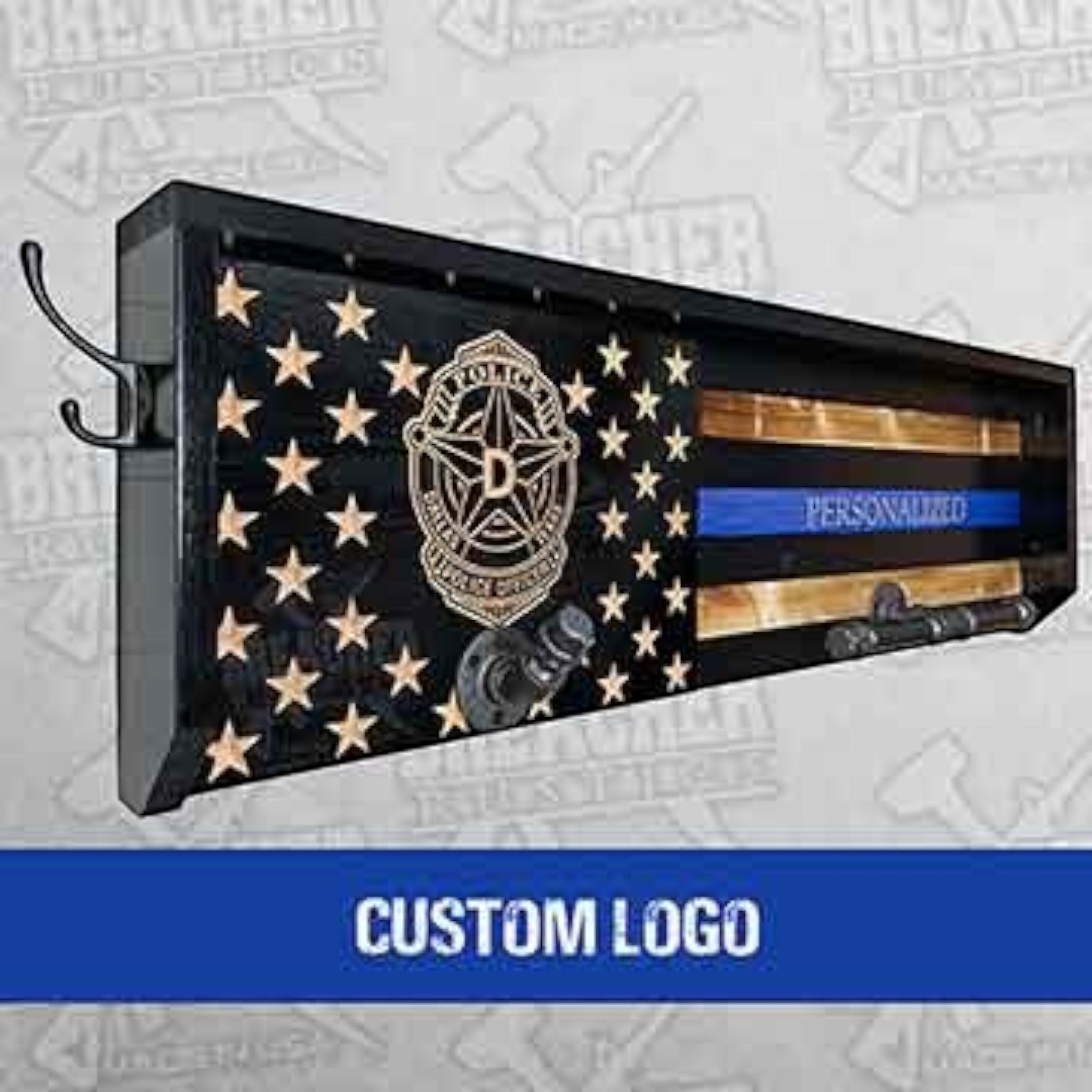 Breacher Rustics thin blue line flag gear rack with hooks for duty belt and vest. Features carved stars and personalized blue stripe. police officer gear rack wall mounted wooden duty belt vest holder law enforcement organizer patriotic usa made