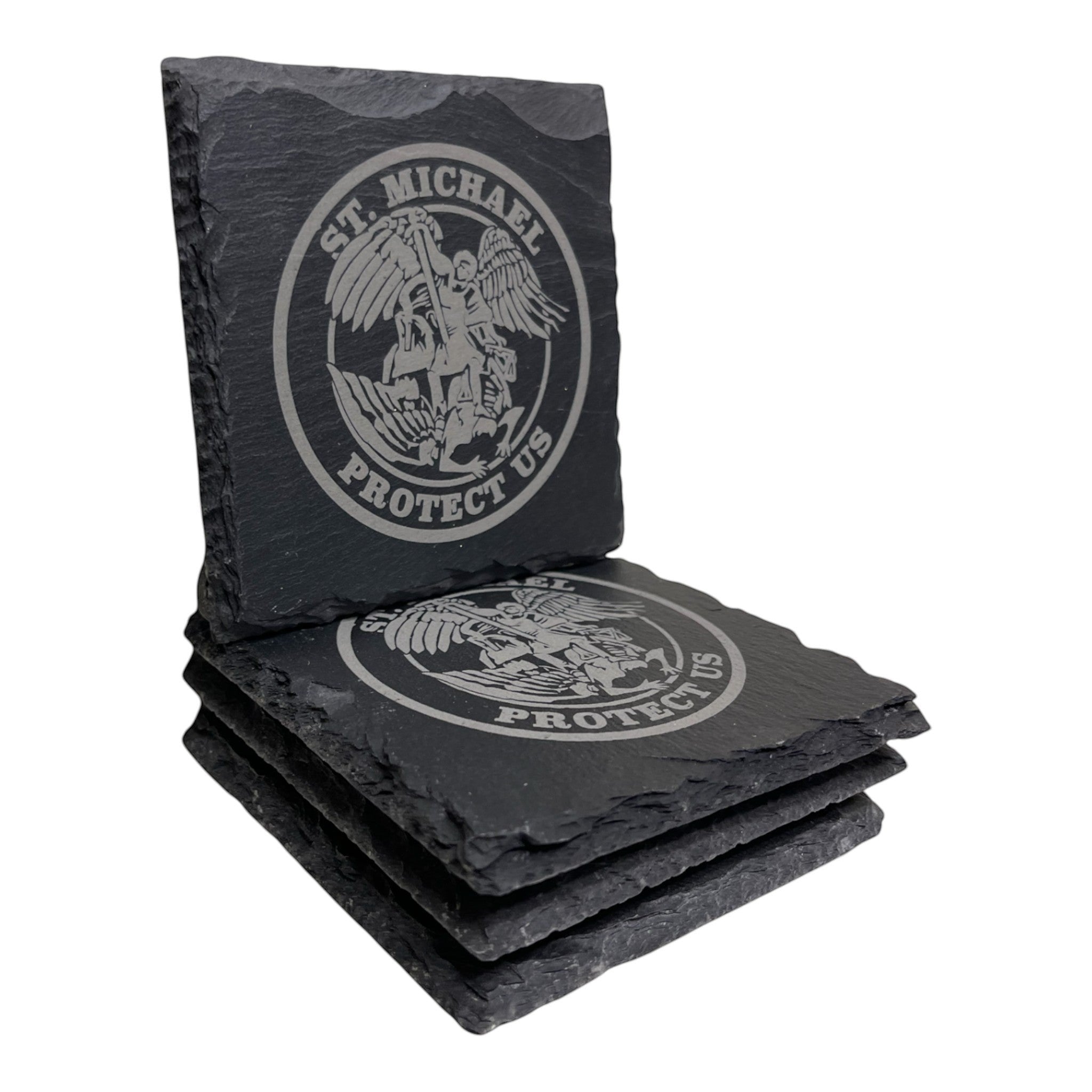 Breacher Rustics St. Michael Protect Us square slate coasters. Set of 4 charcoal gray coasters with live edge and engraved St. Michael design.