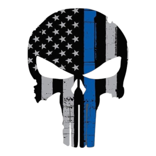Breacher Rustics Thin Blue Line Punisher skull decal with distressed American flag design. Gloss UV laminate vinyl. police officer law enforcement leo sticker