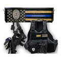Breacher Rustics thin blue line flag gear rack with duty belt and sheriff vest. Wood construction with personalized text. police gear rack wall mounted wooden duty belt vest holder law enforcement organizer patriotic usa made