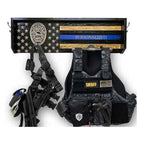 Breacher Rustics thin blue line flag gear rack with duty belt and sheriff vest. Wood construction with personalized text. police gear rack wall mounted wooden duty belt vest holder law enforcement organizer patriotic usa made
