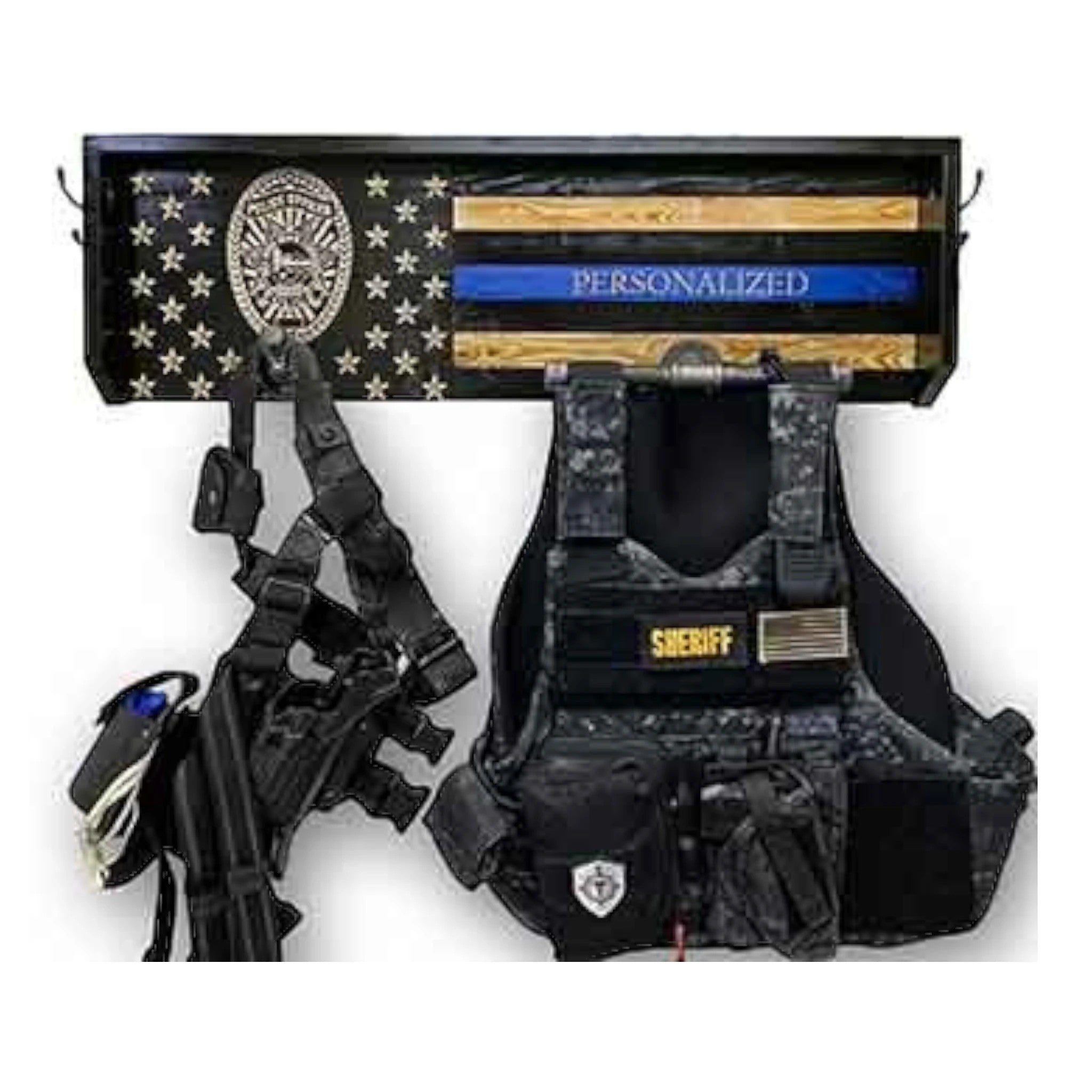 Breacher Rustics thin blue line flag gear rack with duty belt and sheriff vest. Wood construction with personalized text. police gear rack wall mounted wooden duty belt vest holder law enforcement organizer patriotic usa made