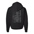 Breacher Rustics black cotton blend pullover hoodie with distressed American flag graphic and "Stand For Something" text. breacher rustics premium hoodie usa apparel soft durable athletic fit patriotic clothing made for everyday wear