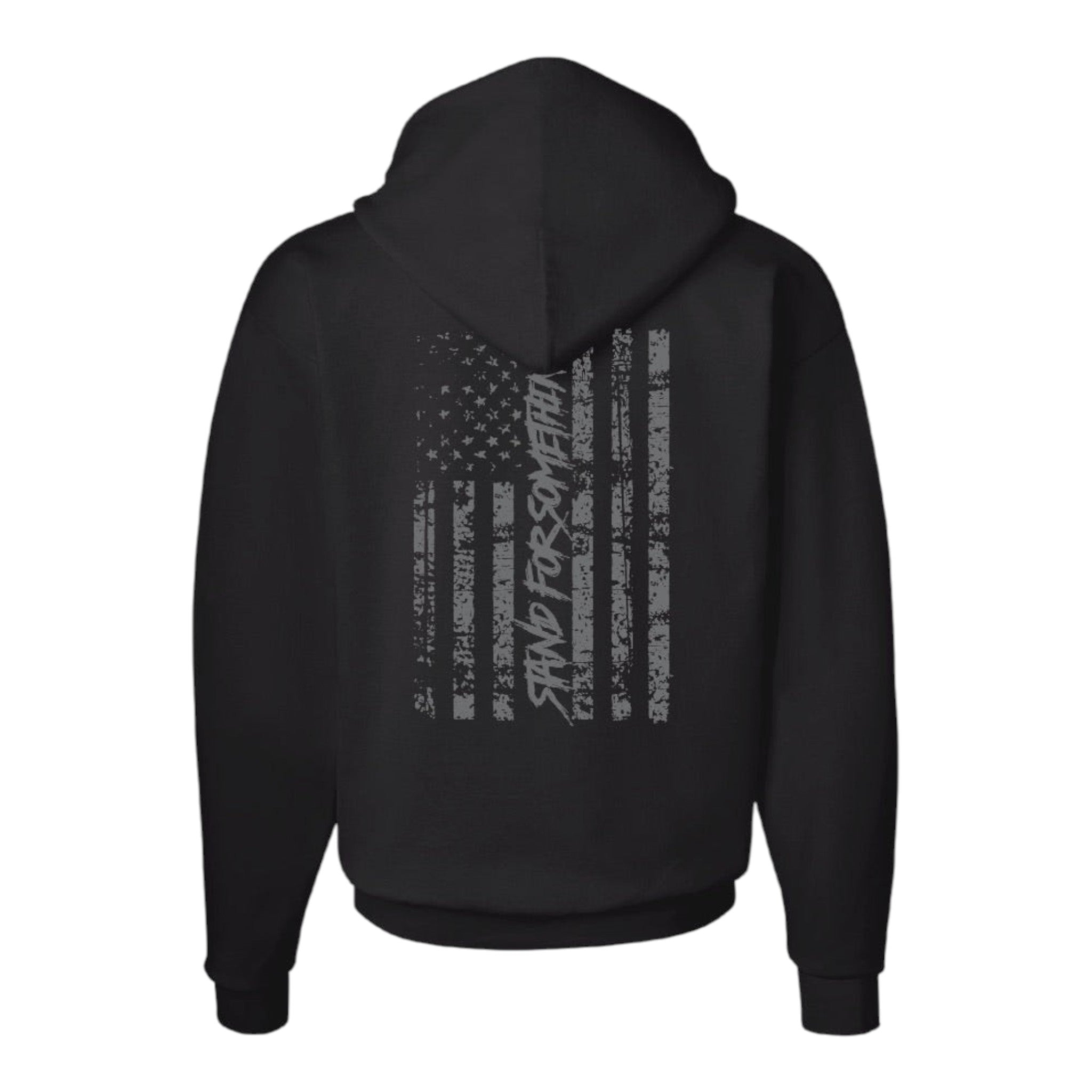Breacher Rustics black cotton blend pullover hoodie with distressed American flag graphic and "Stand For Something" text. breacher rustics premium hoodie usa apparel soft durable athletic fit patriotic clothing made for everyday wear