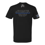 Breacher Rustics black cotton t-shirt with St. Michael quote and thin blue line graphic.