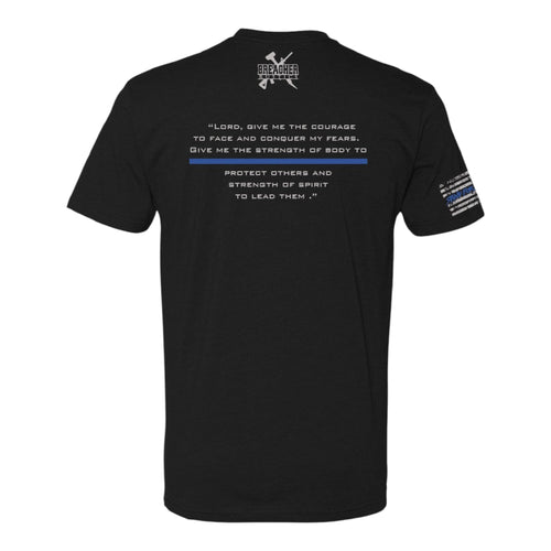 Breacher Rustics black cotton t-shirt with St. Michael quote and thin blue line graphic.