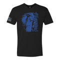 Breacher Rustics black t-shirt with blue graphic of St. Michael and "Protect Us" text. Features thin blue line flag on sleeve.