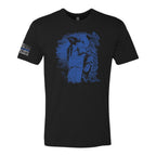 Breacher Rustics black t-shirt with blue graphic of St. Michael and "Protect Us" text. Features thin blue line flag on sleeve.