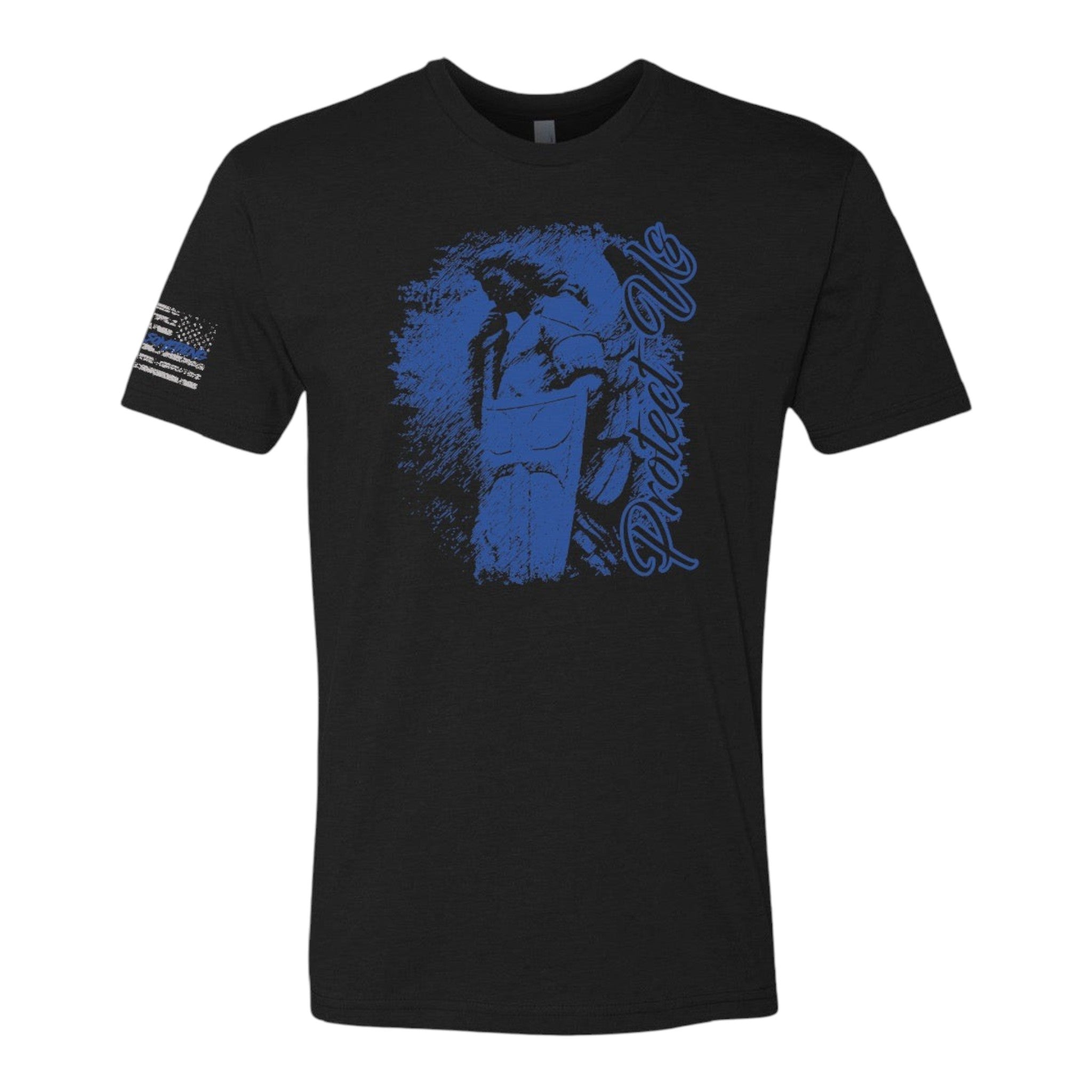 Breacher Rustics black t-shirt with blue graphic of St. Michael and "Protect Us" text. Features thin blue line flag on sleeve.