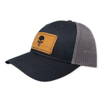Breacher Rustics black cotton/nylon trucker hat with grey mesh back and Punisher skull bamboo leather patch.