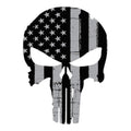 Breacher Rustics Punisher skull decal with distressed American flag in black and grey. Premium vinyl with gloss UV laminate.