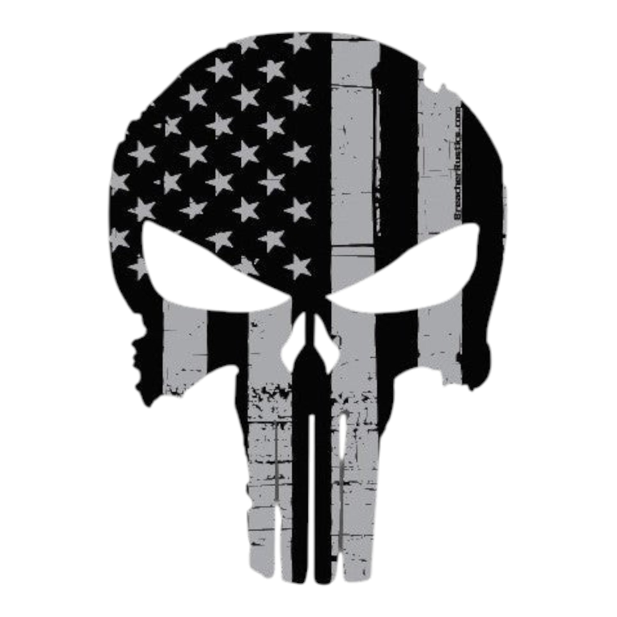 Breacher Rustics Punisher skull decal with distressed American flag in black and grey. Premium vinyl with gloss UV laminate.