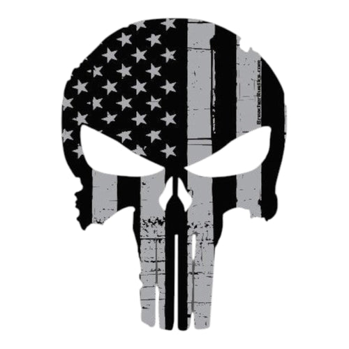 Breacher Rustics Punisher skull decal with distressed American flag in black and grey. Premium vinyl with gloss UV laminate.