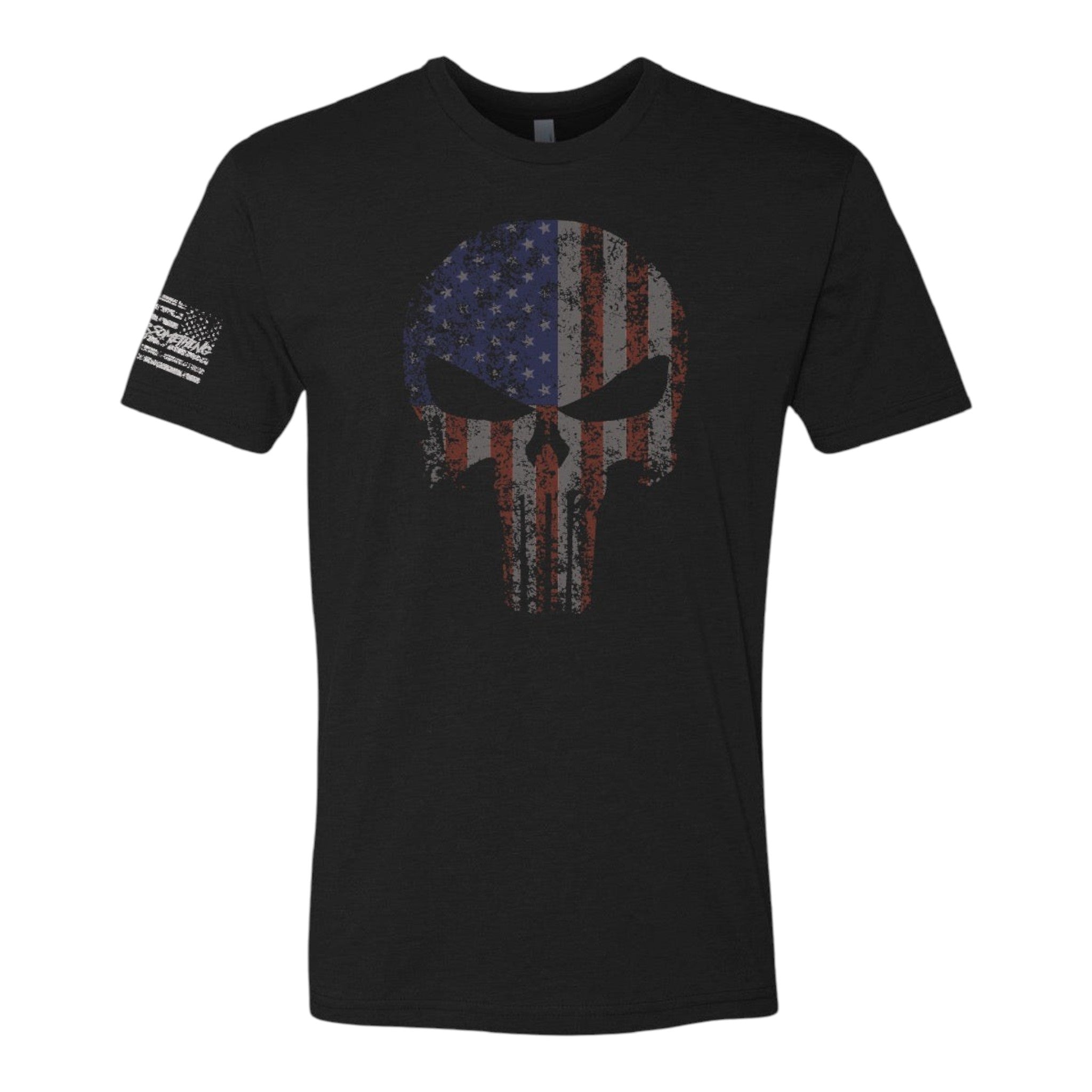 Breacher Rustics black t-shirt with distressed American flag Punisher skull graphic on front and flag detail on sleeve.