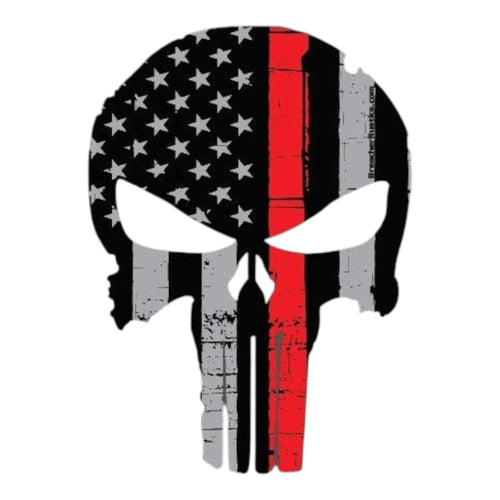 Breacher Rustics Punisher skull decal with thin red line and distressed American flag design. firefighter
