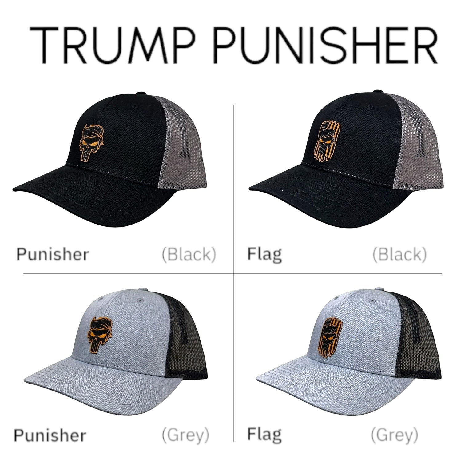 Breacher Rustics Punisher hat with bamboo leather patch, structured, low-profile, pre-curved visor, and snapback closure. Available in black and grey.