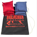 Breacher Rustics set of 8 red and blue cornhole bags, regulation size, double stitched, filled with cracked corn.