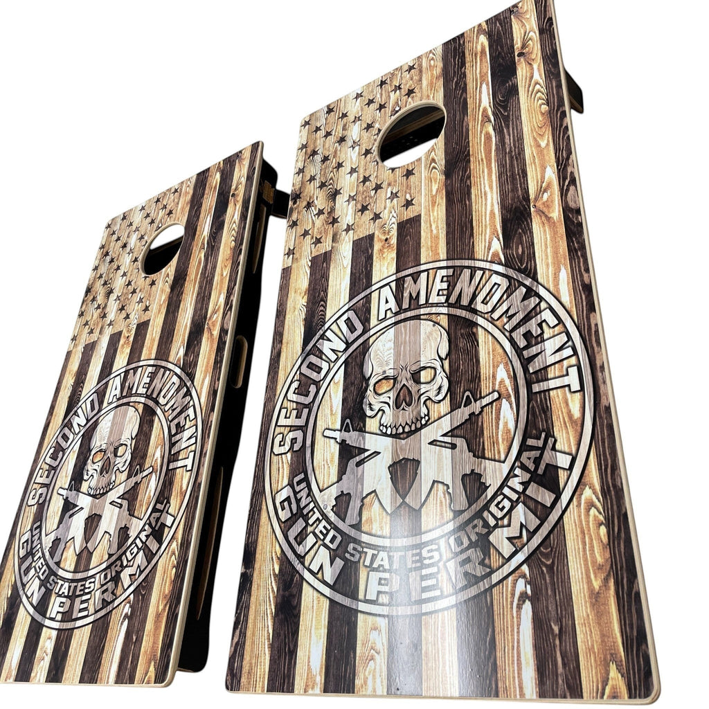 Breacher Rustics Second Amendment USA flag cornhole set with wood grain finish and skull graphic. Features two boards. patriotic cornhole set wooden american flag outdoor game boards perfect for backyard parties and gifts second amendment 2a gadsden