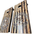 Breacher Rustics Second Amendment USA flag cornhole set with wood grain finish and skull graphic. Features two boards. patriotic cornhole set wooden american flag outdoor game boards perfect for backyard parties and gifts second amendment 2a gadsden