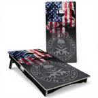 Breacher Rustics Second Amendment USA flag cornhole set with skull and crossed rifles graphic. Red, natural, and blue. second amendment usa flag cornhole set red natural blue handmade wooden patriotic backyard bean bag toss game 2a themed boards