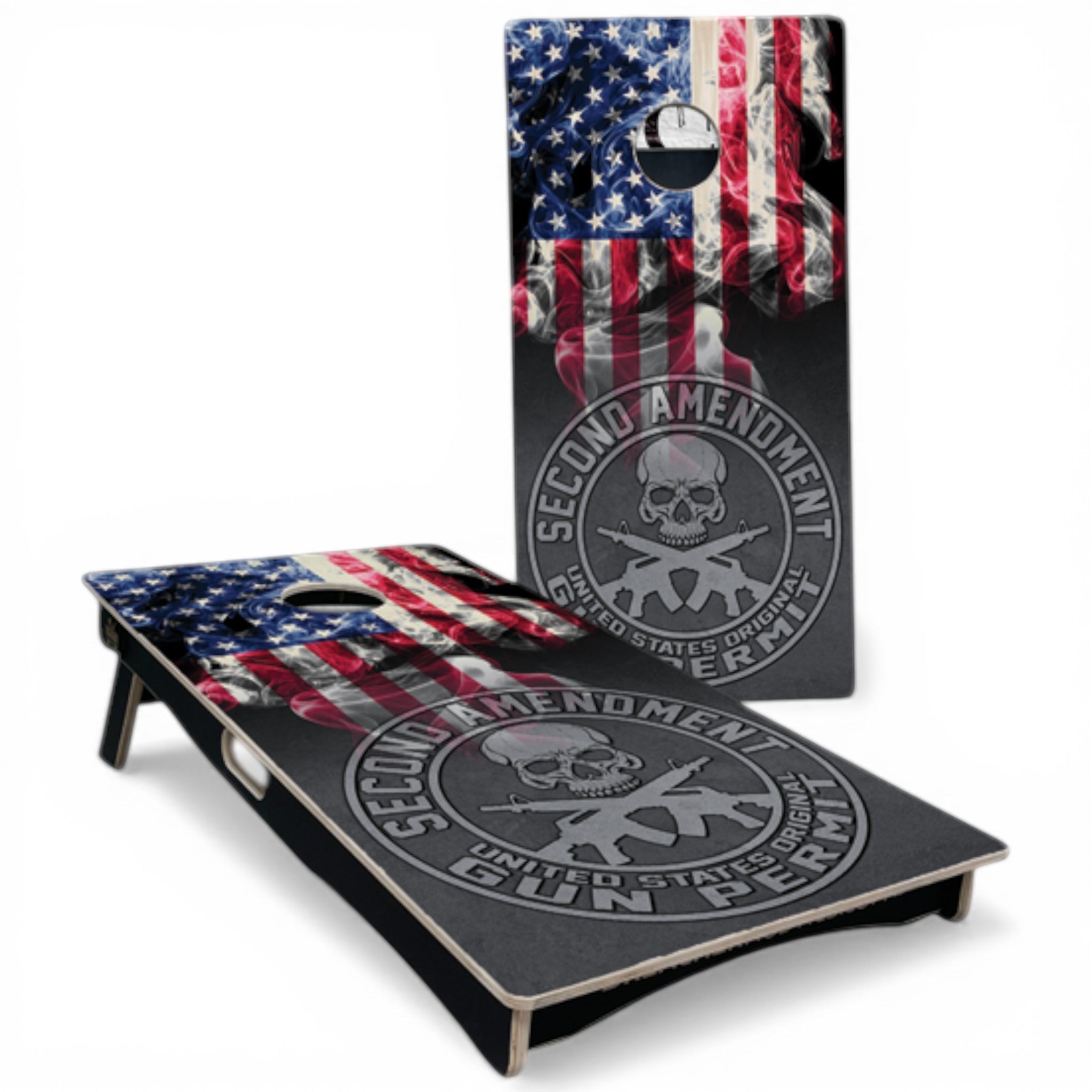 Breacher Rustics Second Amendment USA flag cornhole set with skull and crossed rifles graphic. Red, natural, and blue. second amendment usa flag cornhole set red natural blue handmade wooden patriotic backyard bean bag toss game 2a themed boards