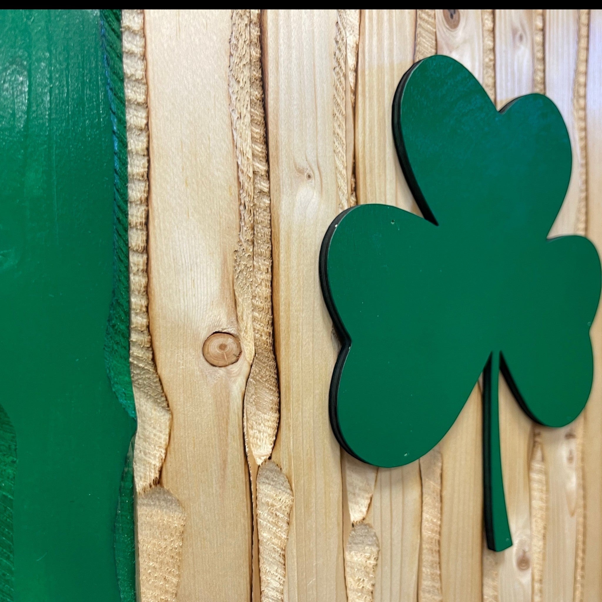 Breacher Rustics wooden flag with a green 3D shamrock and battle-worn finish.