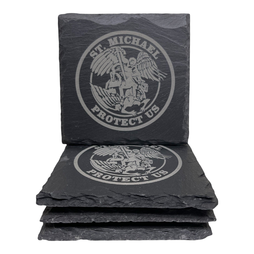 Breacher Rustics St. Michael Protect Us square slate coasters with live edge detail. Set of 4 charcoal gray coasters.