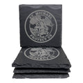 Breacher Rustics St. Michael Protect Us square slate coasters with live edge detail. Set of 4 charcoal gray coasters.