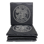 Breacher Rustics St. Michael Protect Us square slate coasters with live edge detail. Set of 4 charcoal gray coasters.