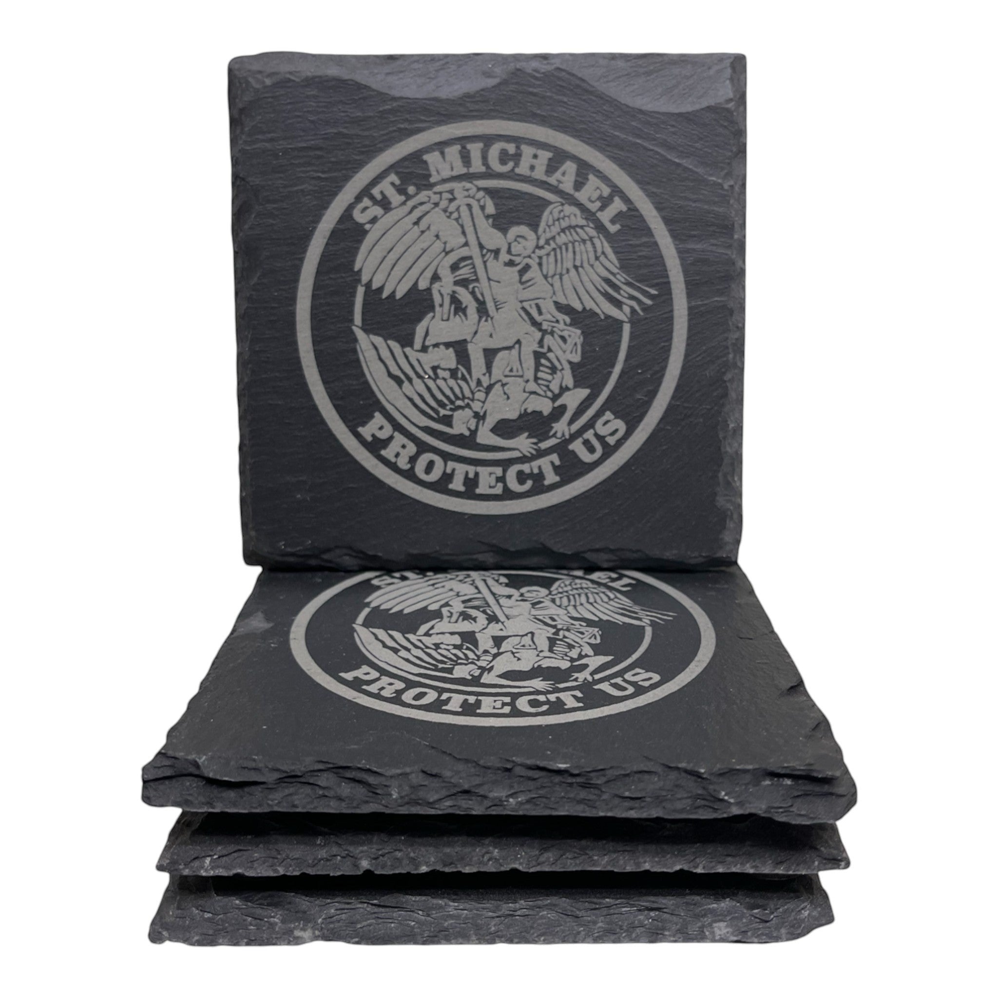 Breacher Rustics St. Michael Protect Us square slate coasters with live edge detail. Set of 4 charcoal gray coasters.
