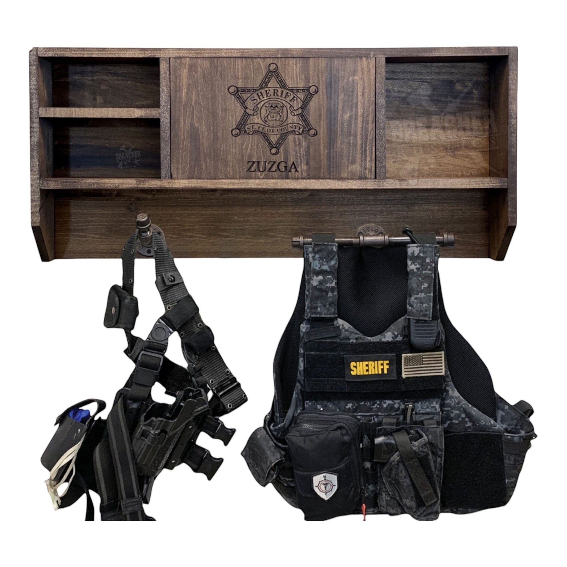 LEO / Military Concealment Shelf Gear Rack (STAINED) 4 Metal Pipe Hangers / yes +$50.00