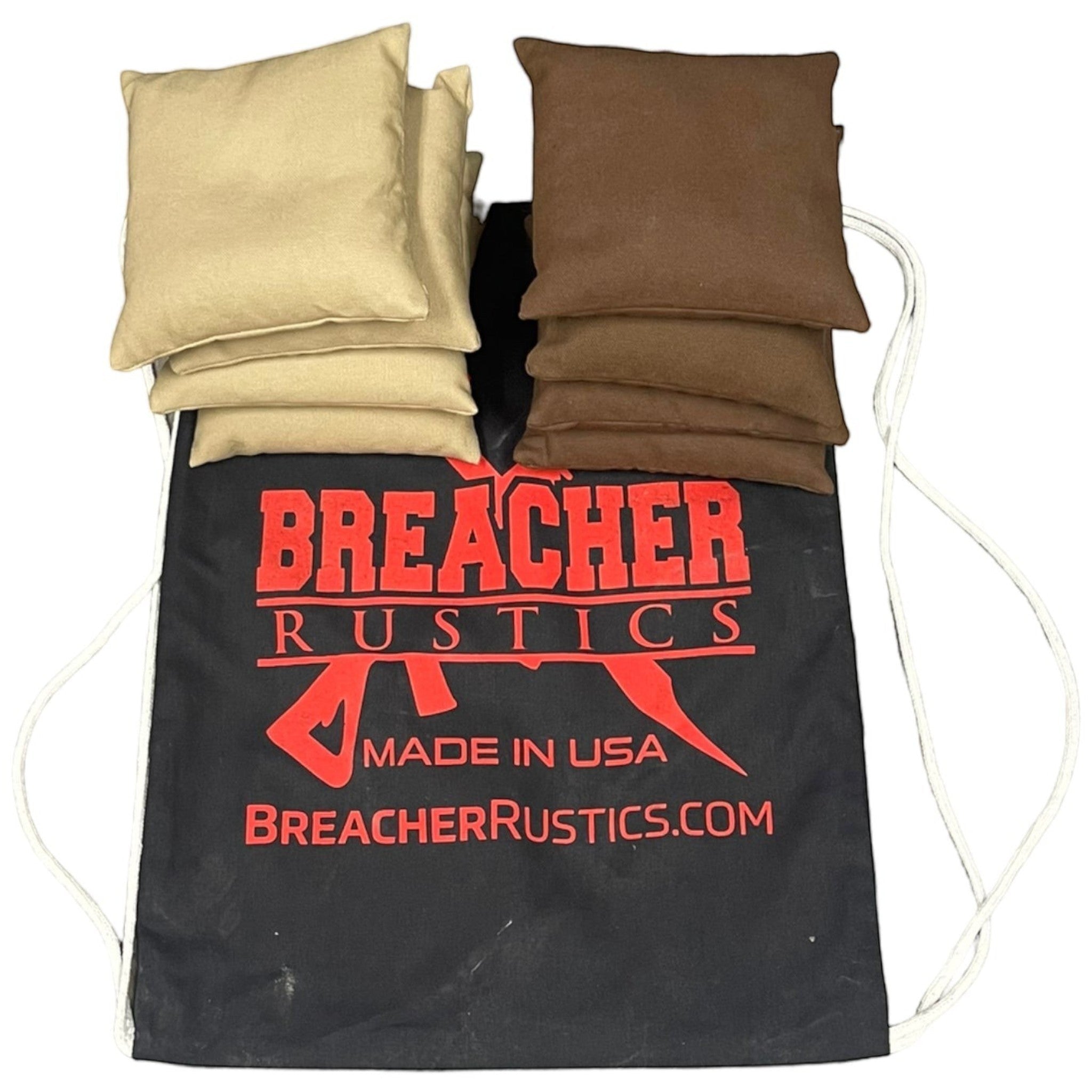 Breacher Rustics set of 8 tan and brown cornhole bags, regulation size and weight, double stitched, filled with cracked corn.