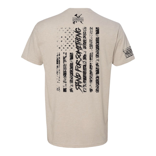 Breacher Rustics tan graphic tee with distressed American flag and "Stand For Something" text on back.