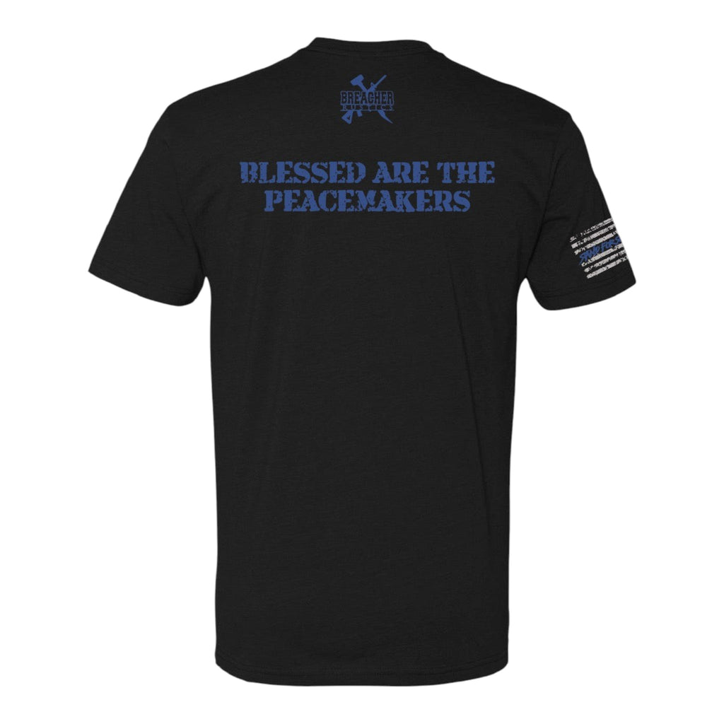 Breacher Rustics black cotton t-shirt with blue text reading "Blessed Are The Peacemakers" and a thin blue line flag graphic.