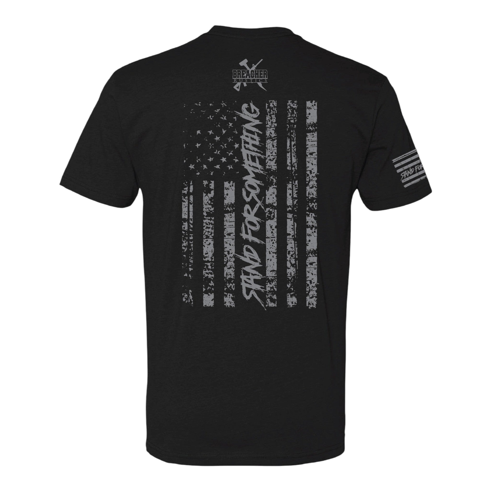 Breacher Rustics black cotton t-shirt with distressed American flag graphic and "Stand For Something" text. breacher rustics patriotic hoodie american flag apparel first responder clothing soft durable hoodie usa made