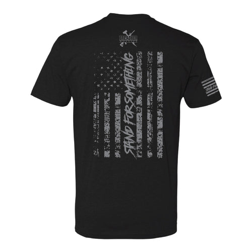 Breacher Rustics black cotton t-shirt with distressed American flag graphic and "Stand For Something" text. breacher rustics patriotic hoodie american flag apparel first responder clothing soft durable hoodie usa made