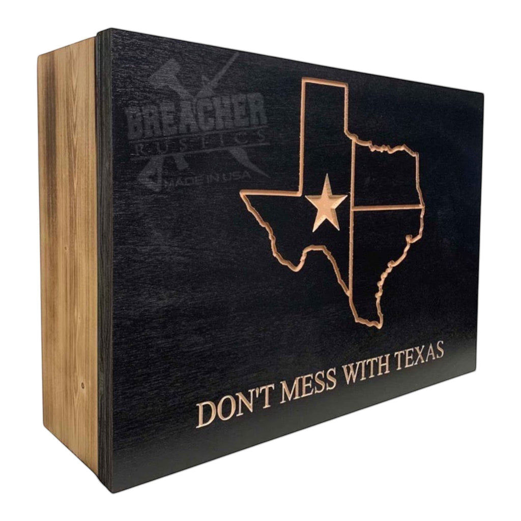 Breacher Rustics "Don't Mess With Texas" concealment box with RFID lock and customizable Kaizen foam interior. dont mess with texas concealment box RFID locking hidden storage box handmade wood gun safe style patriotic usa made display