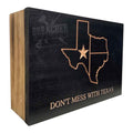 Breacher Rustics "Don't Mess With Texas" concealment box with RFID lock and customizable Kaizen foam interior. dont mess with texas concealment box RFID locking hidden storage box handmade wood gun safe style patriotic usa made display