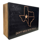 Breacher Rustics "Don't Mess With Texas" concealment box with RFID lock and customizable Kaizen foam interior. dont mess with texas concealment box RFID locking hidden storage box handmade wood gun safe style patriotic usa made display