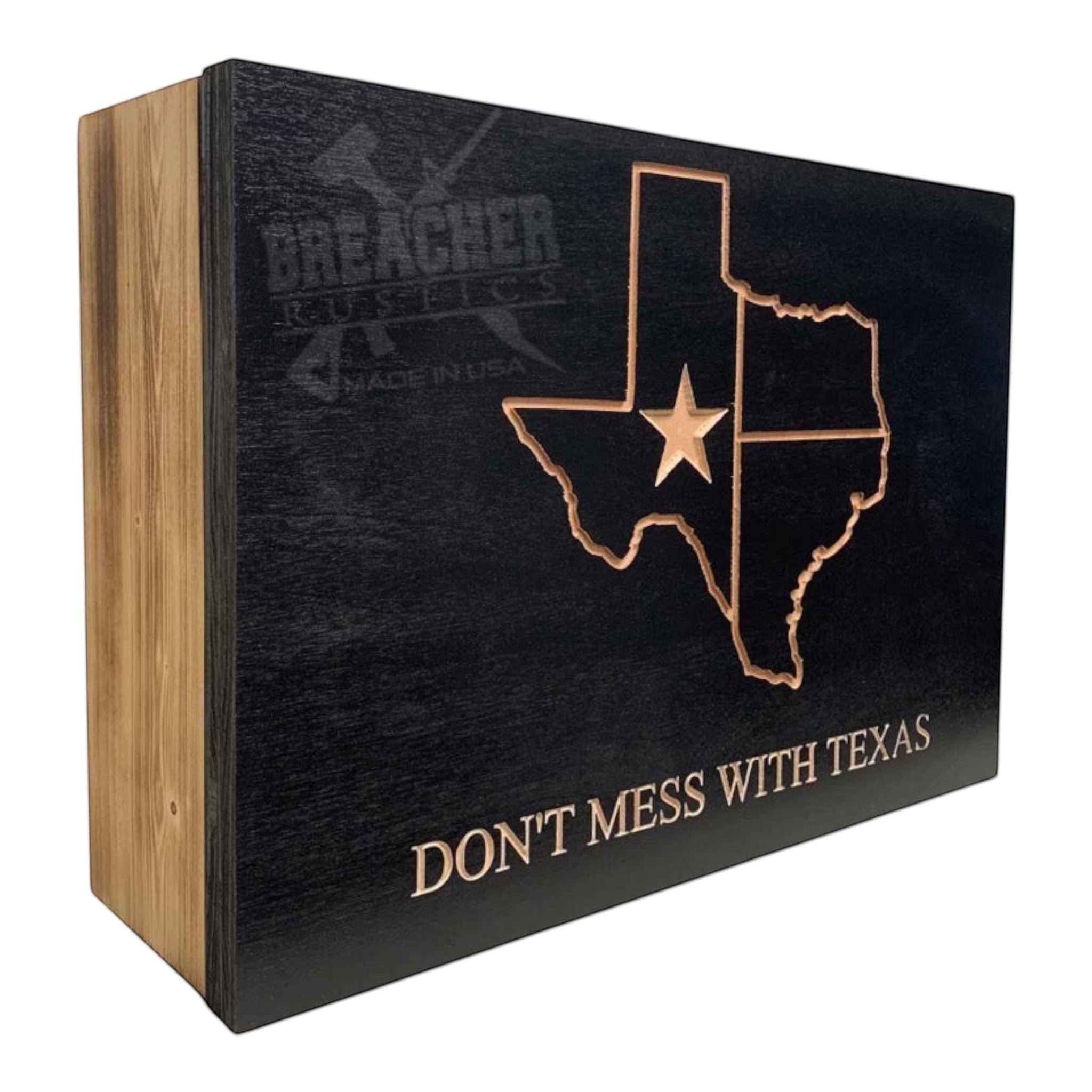 Breacher Rustics "Don't Mess With Texas" concealment box with RFID lock and customizable Kaizen foam interior. dont mess with texas concealment box RFID locking hidden storage box handmade wood gun safe style patriotic usa made display