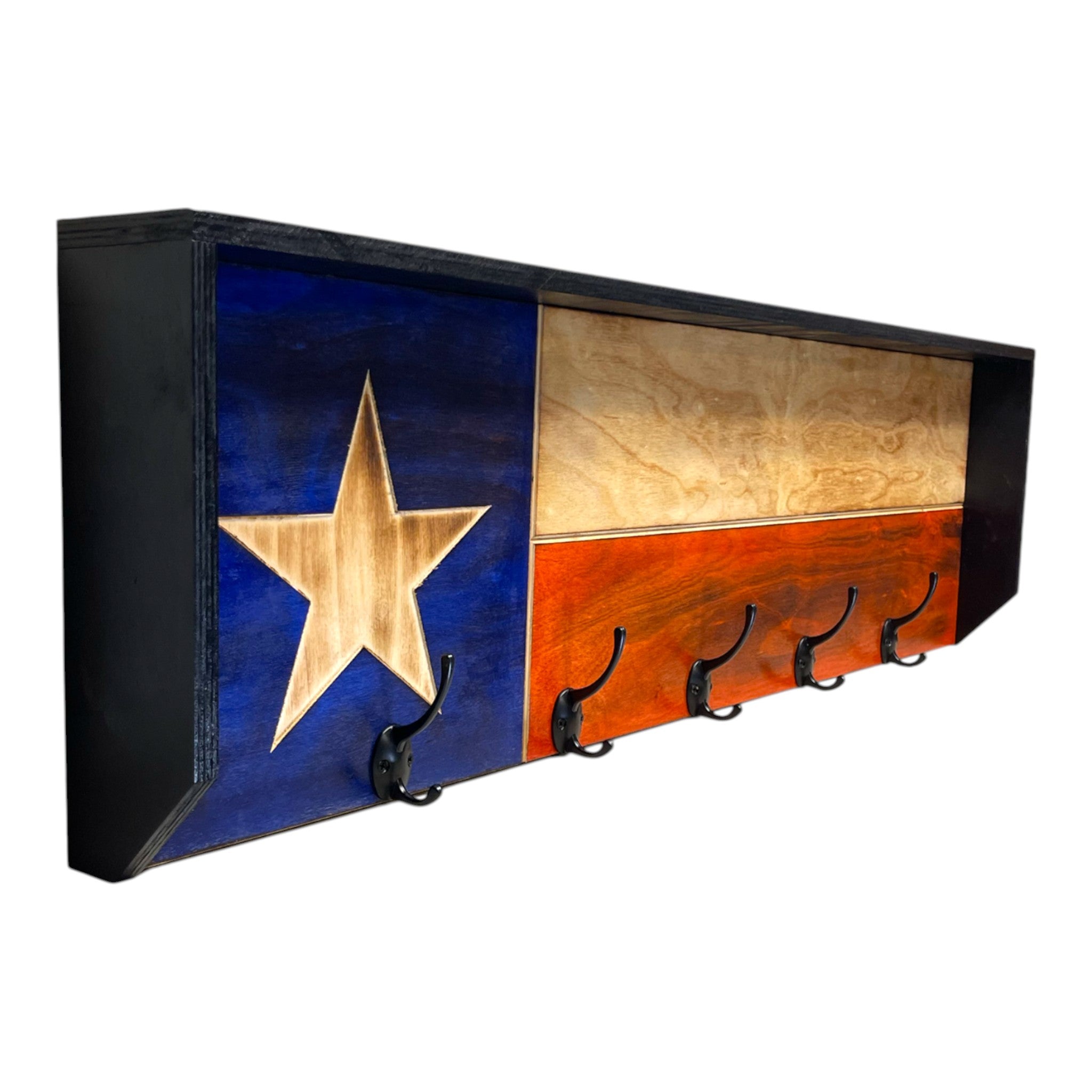 Breacher Rustics Texas flag wooden coat rack with 7 black hooks. Features blue, white, and red stripes with a large wooden star.
