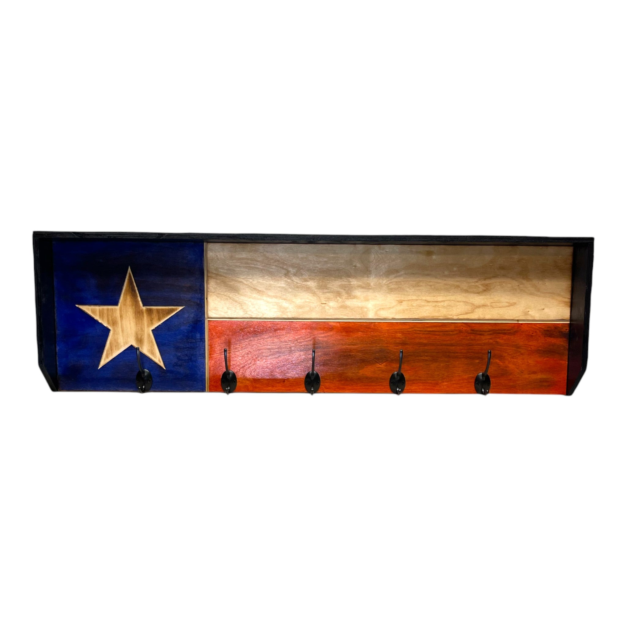 Breacher Rustics Texas flag wooden coat rack with 5 front hooks and 2 side hooks. Features blue, white, and red stripes with a large wooden star.