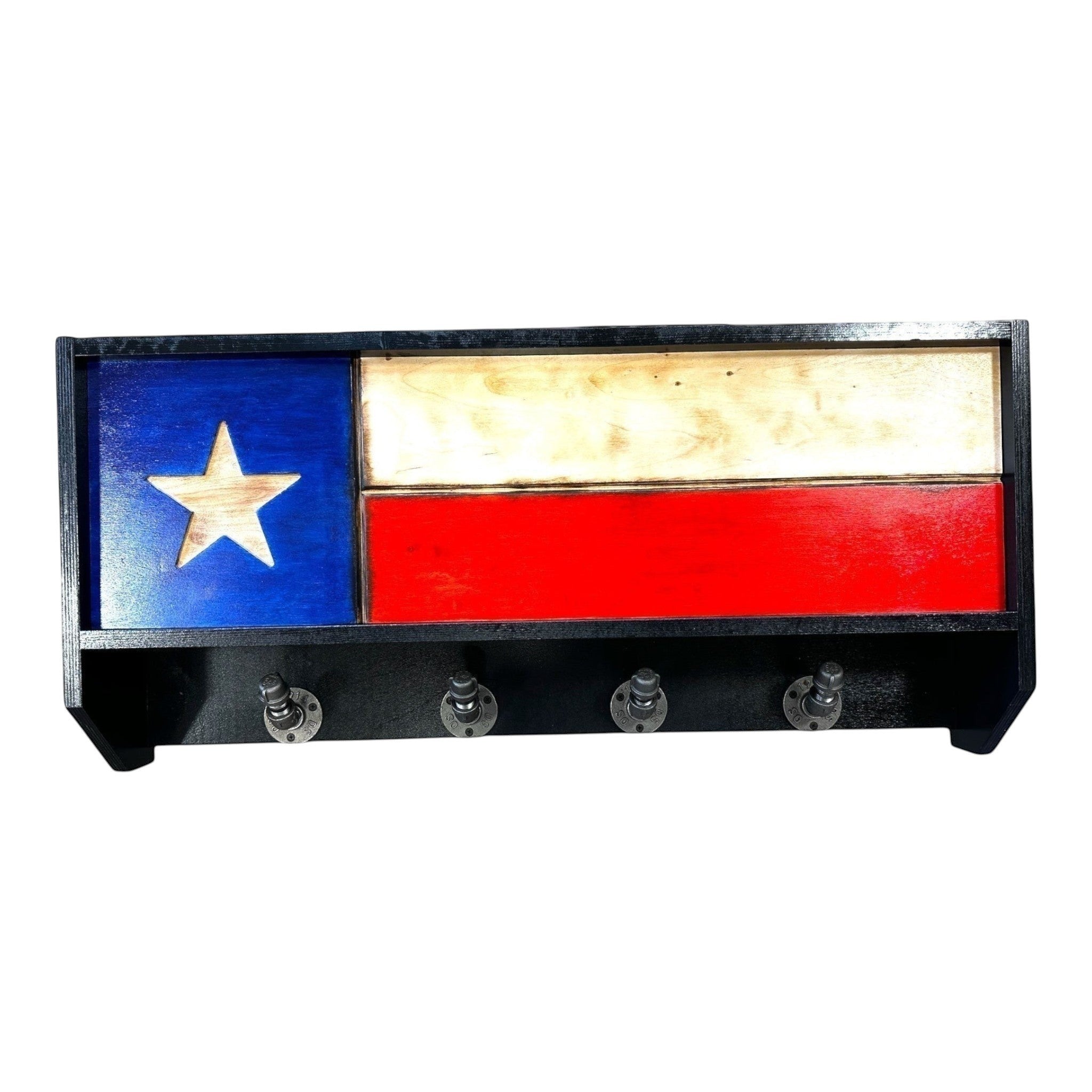 Breacher Rustics Texas flag concealment gear rack with 4 industrial pipe hooks. Wood construction with blue, white, and red. american flag concealment gear rack wooden wall mounted storage cabinet for firearms keys and gear patriotic home decor