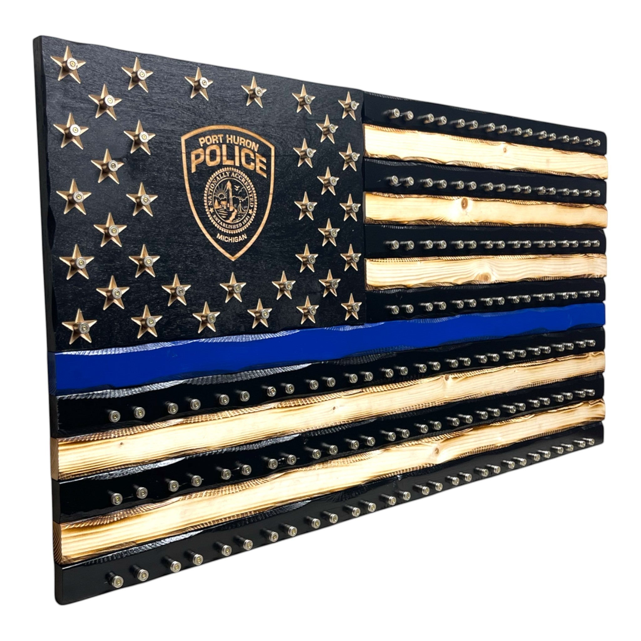 Breacher Rustics wooden American flag with a thin blue line, featuring 9mm casings for challenge coin display. Includes custom logo. thin blue line 9mm casing challenge coin flag wooden wall display for coins law enforcement patriotic decor