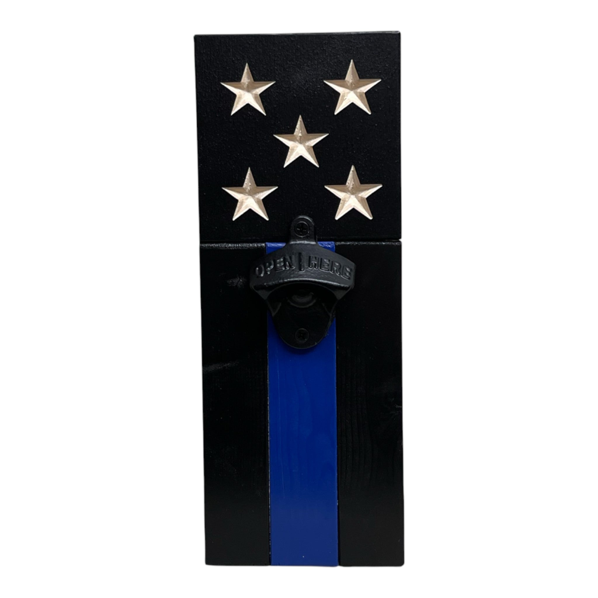 Breacher Rustics American flag bottle opener with thin blue line and stars, made of wood. american flag bottle opener gift for veterans and first responders wooden wall mounted patriotic bar accessory