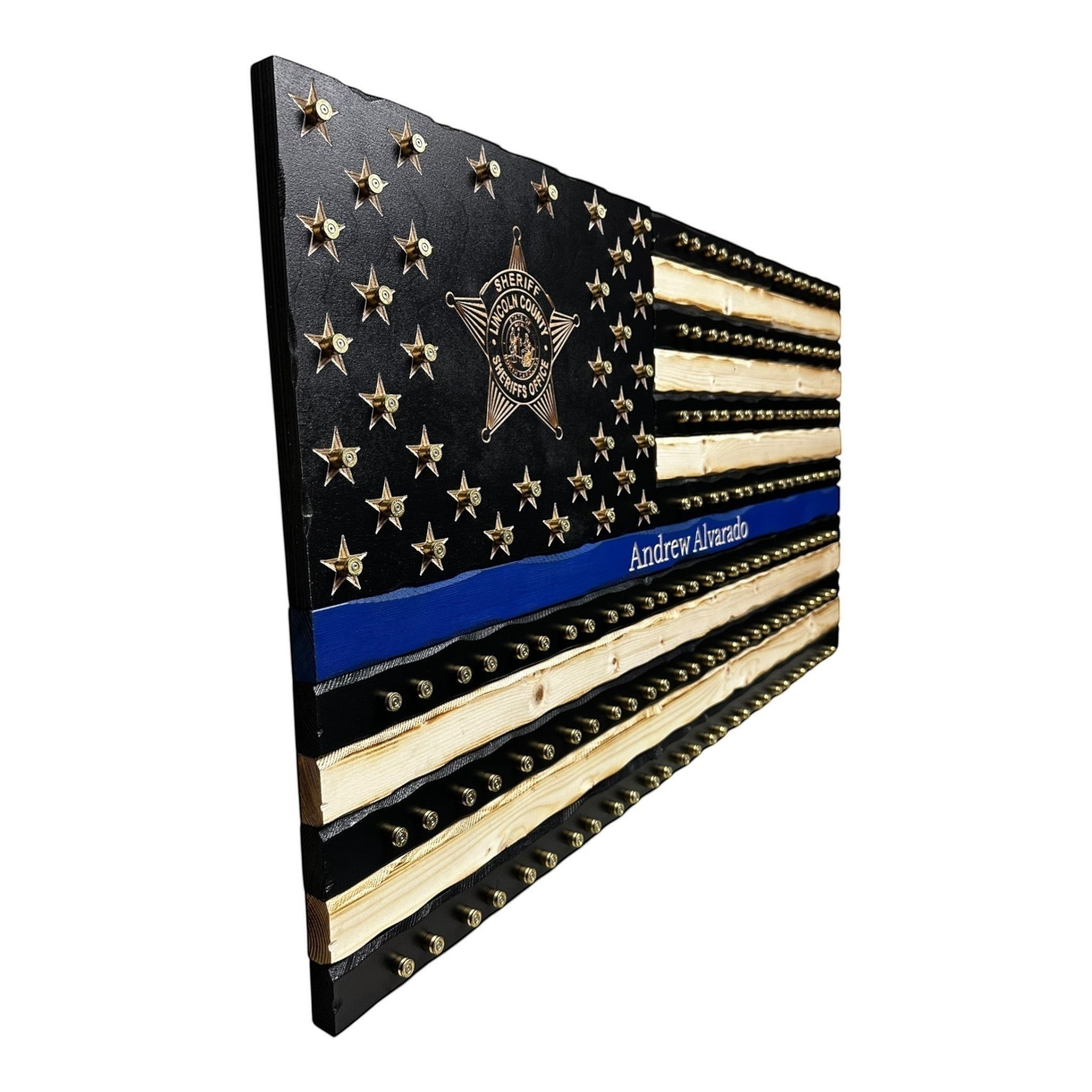 Breacher Rustics Thin Blue Line 9mm Casing Challenge Coin Display Flag with personalized name and sheriff badge.