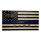 Breacher Rustics Thin Blue Line flag with 9mm casings for challenge coins. Engraved name "KAUFMAN" on blue stripe.
