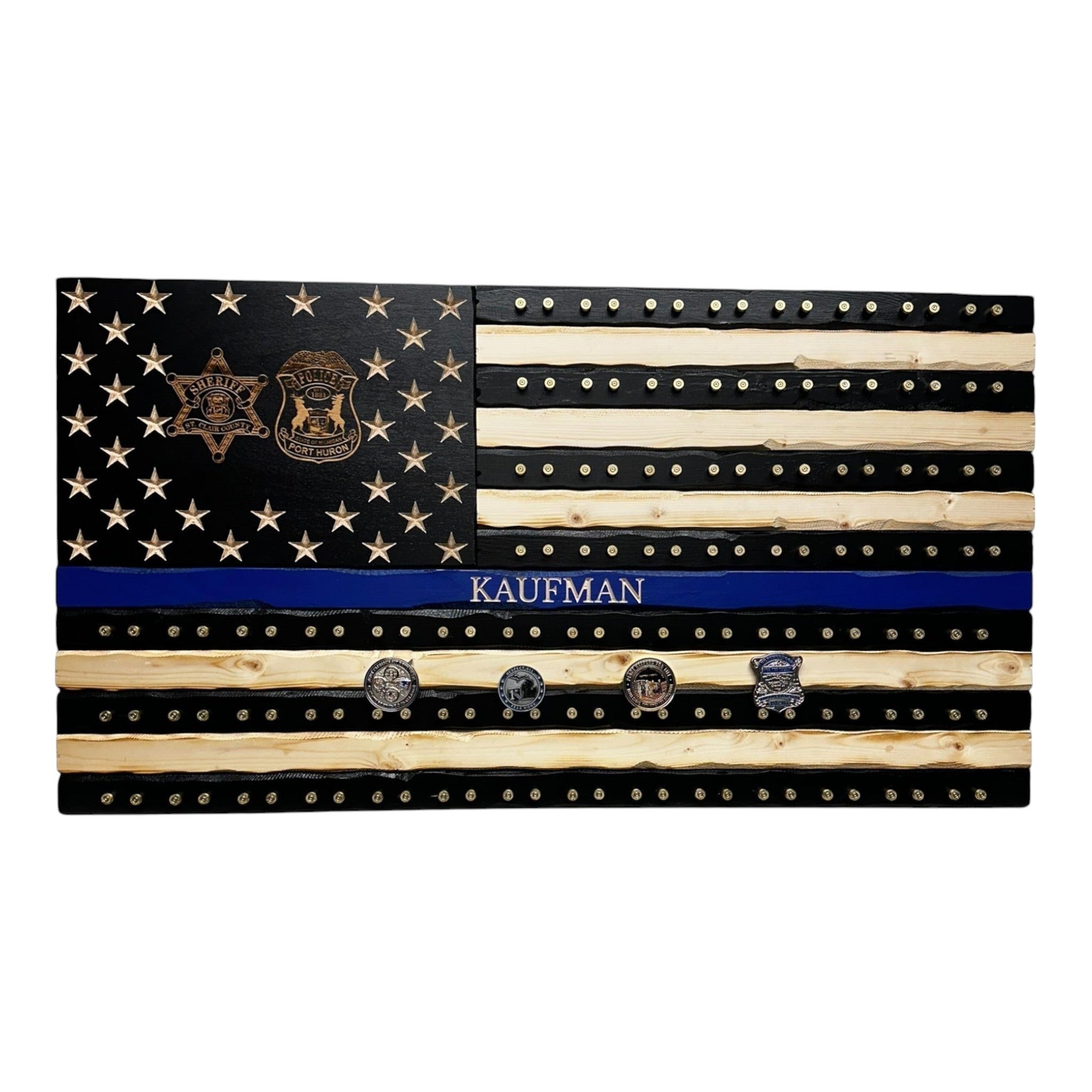 Breacher Rustics Thin Blue Line flag with 9mm casings for challenge coins. Engraved name "KAUFMAN" on blue stripe.