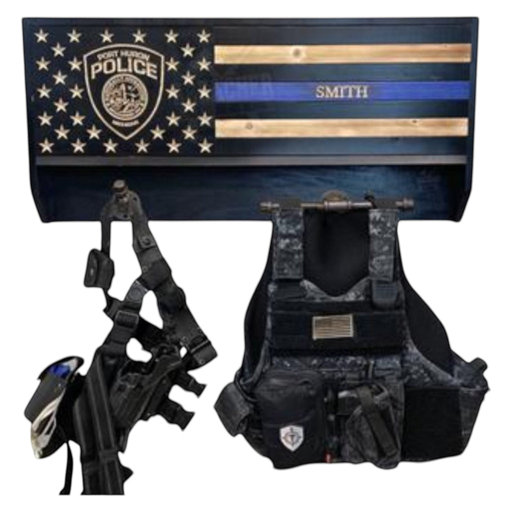 Breacher Rustics Thin Blue Line concealment gear rack with American flag design, personalized with name. Includes tactical vest and holster.